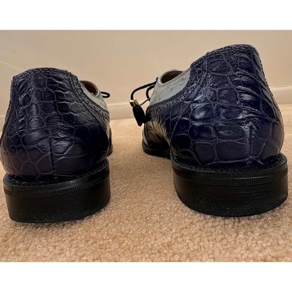 VTG Stacy Adams Mens Cap Toe Oxford Shoes Sz 10M Blue Ostrich Alligator Embossed